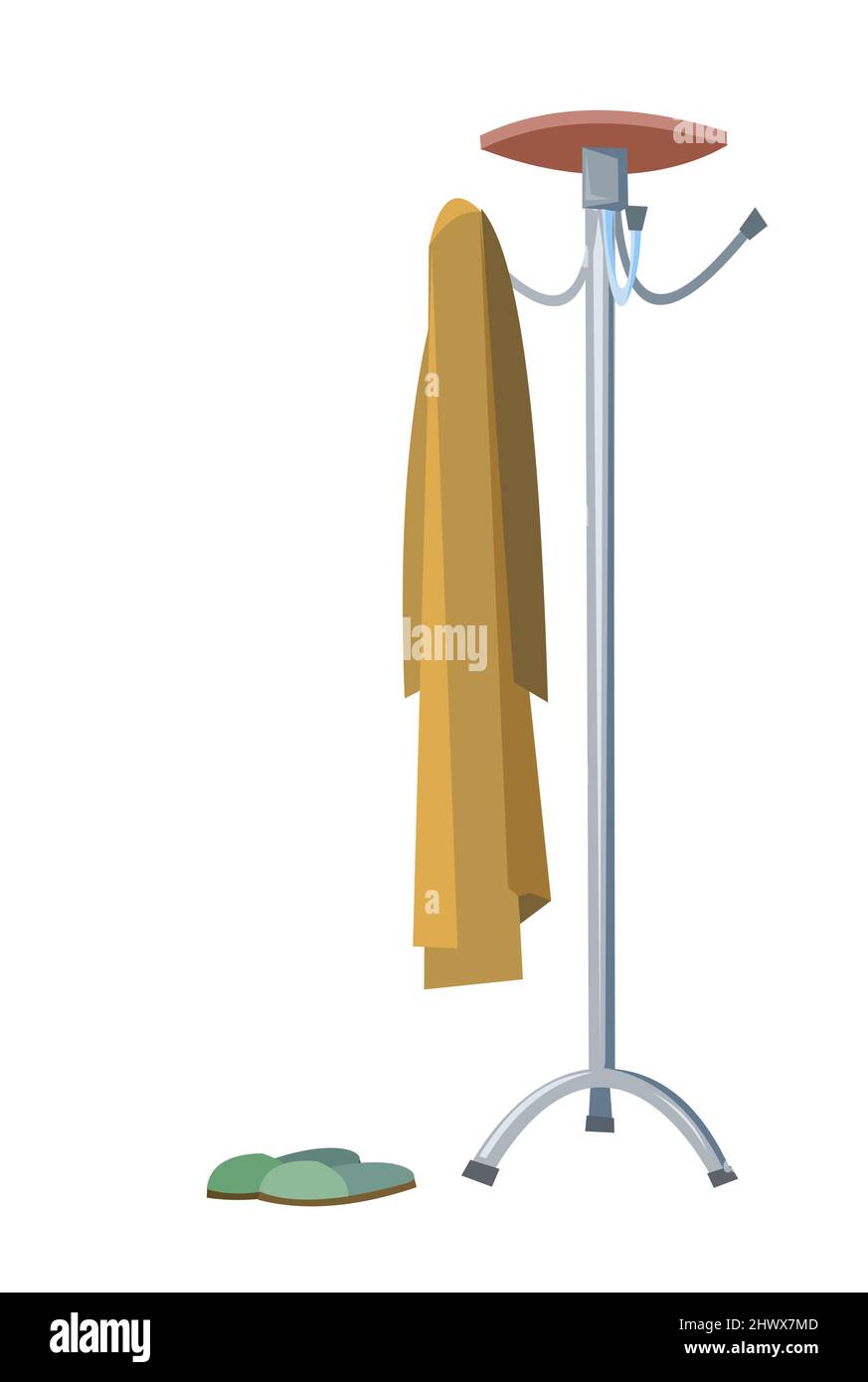 Hanger in hallway with shelf for hats and gloves. Hanging coat. Slippers. Cartoon style. Object
