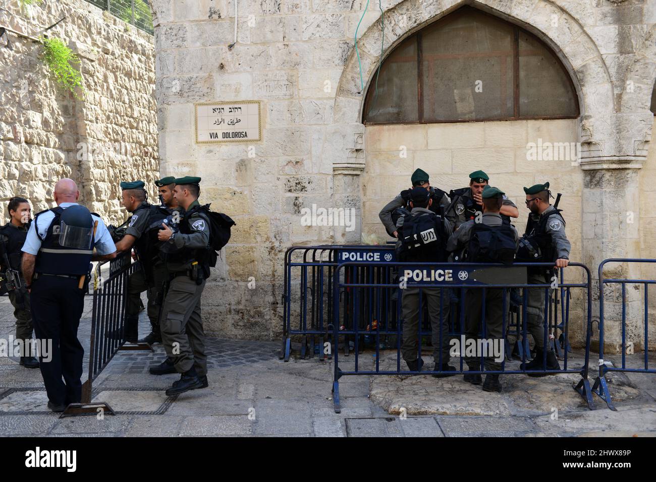 Israeli border policemen standing ready for rioters in the Muslim Quarter of the old city in Jerusalem. Stock Photo