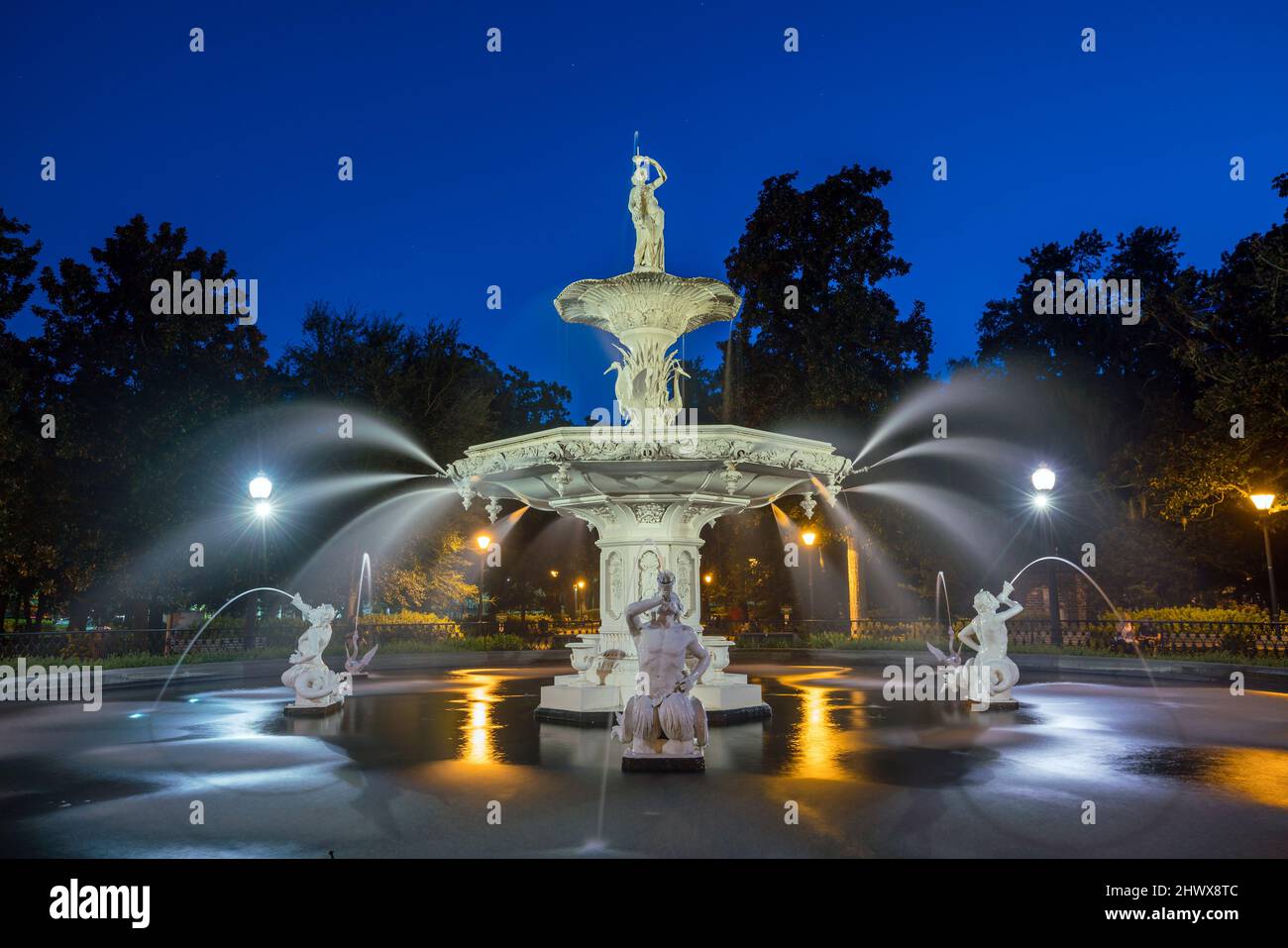 Famous historic Forsyth Fountain in Savannah, USA Stock Photo