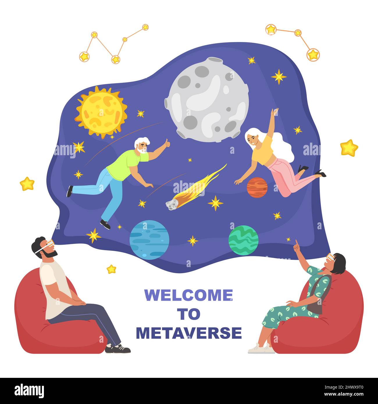 Metaverse or digital world, virtual reality, VR technology, flat vector illustration. Stock Vector