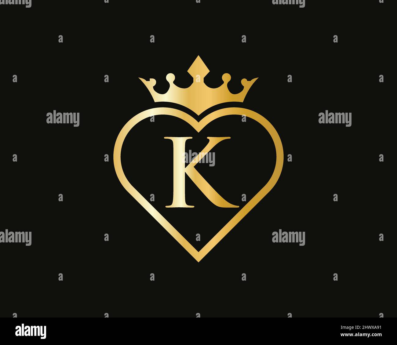 K Logo With Crown and Love Shape. Heart Letter K Logo Design, Gold ...