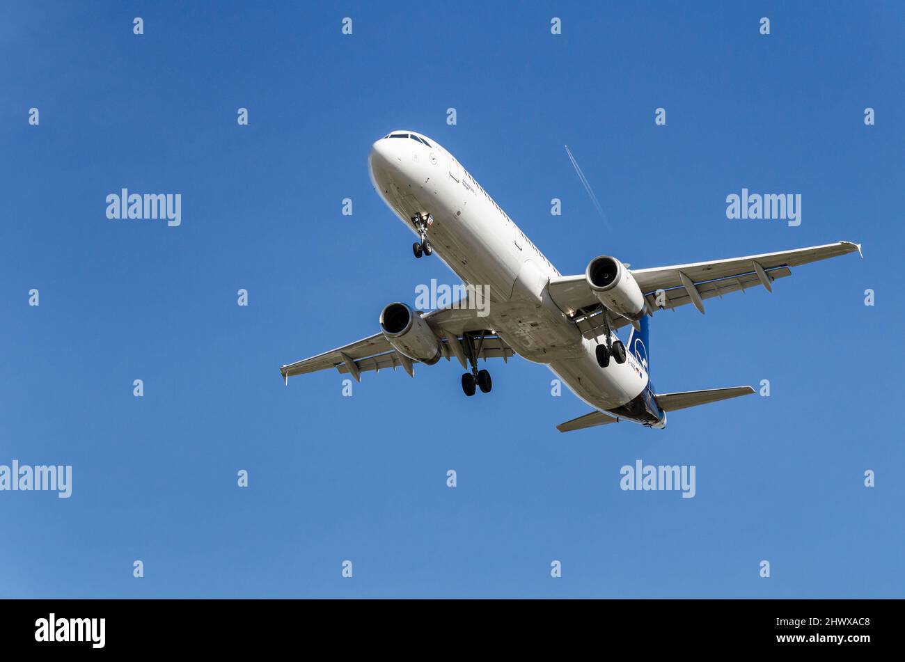 Barcelona, Spain; November 1, 2021 Lufthansa Airbus A321 plane, landing at Josep Tarradellas