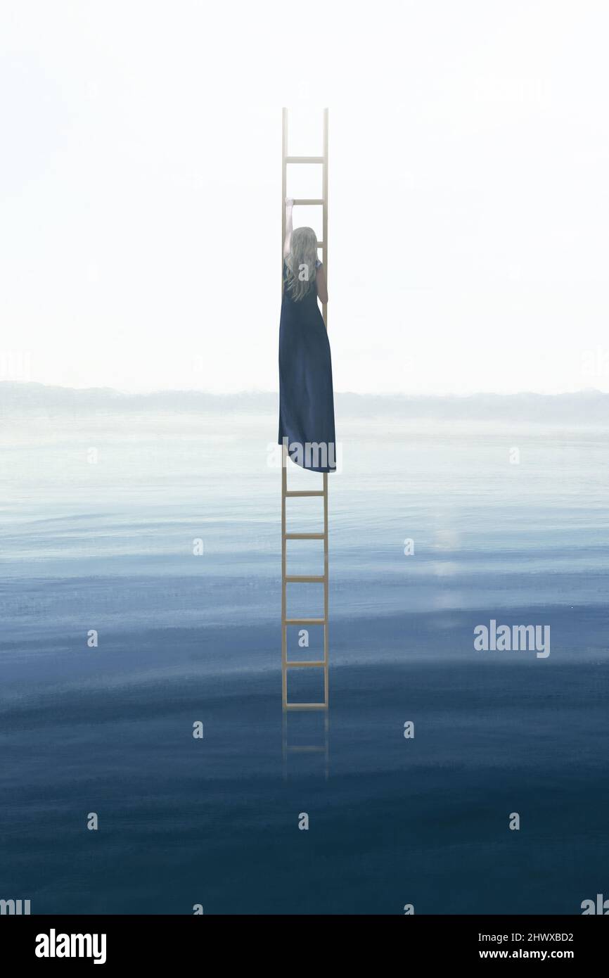 surreal illustration of a woman trying to get out of the sea on an imaginary ladder Stock Photo
