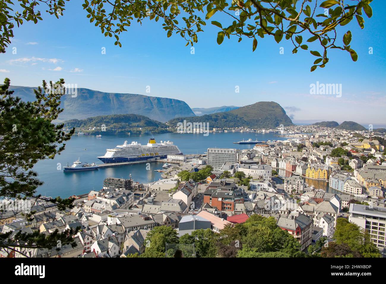 Alesund panoramic view of the archipelago, the beautiful town centre, art nouveau architecture and fjords from the viewpoint Aksla, Alesund, Norway. Stock Photo