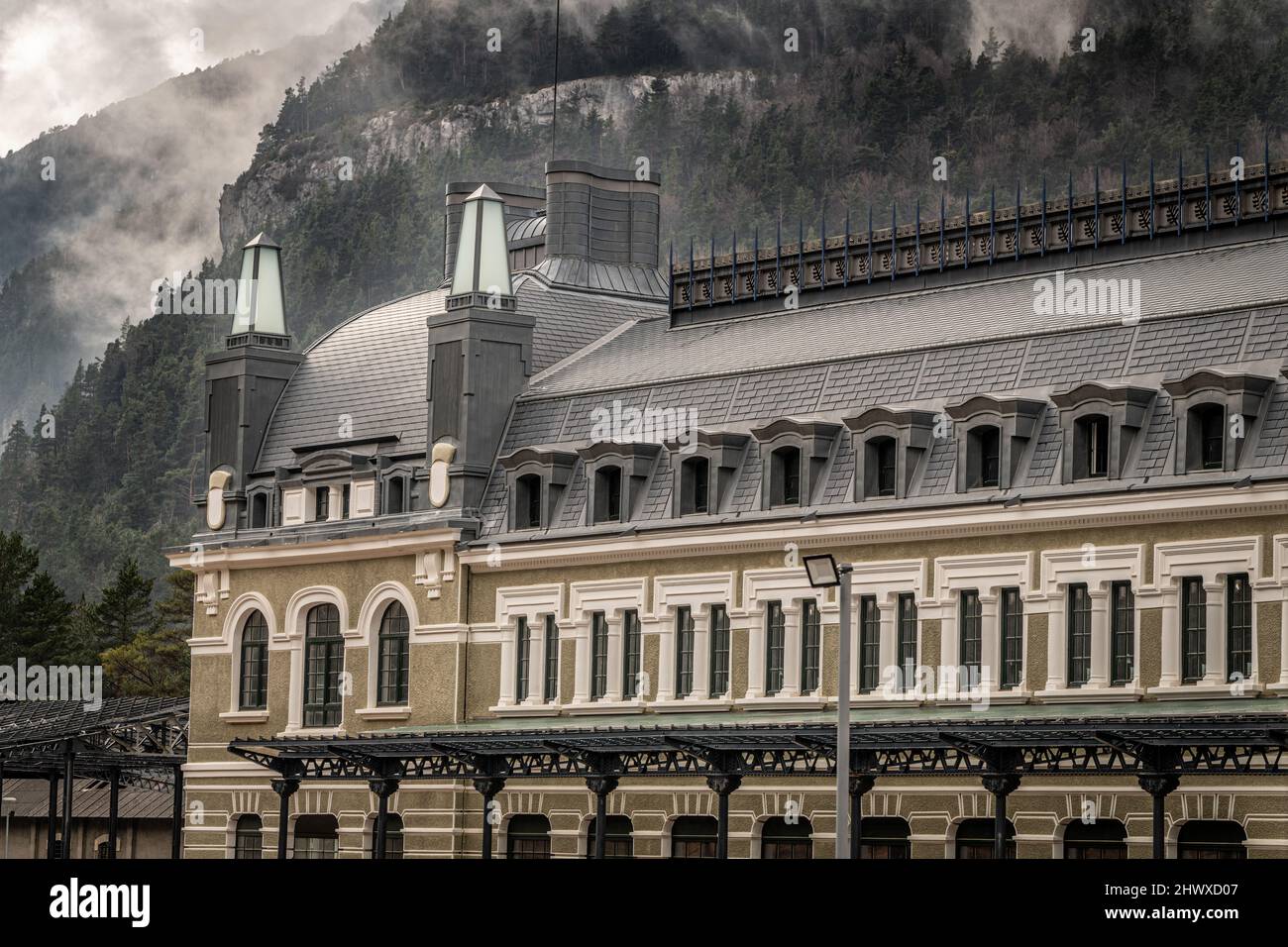 Canfranc Train station, built 1928 being transformed into a 5 * hotel in the  Pyrenees Spain Stock Photo