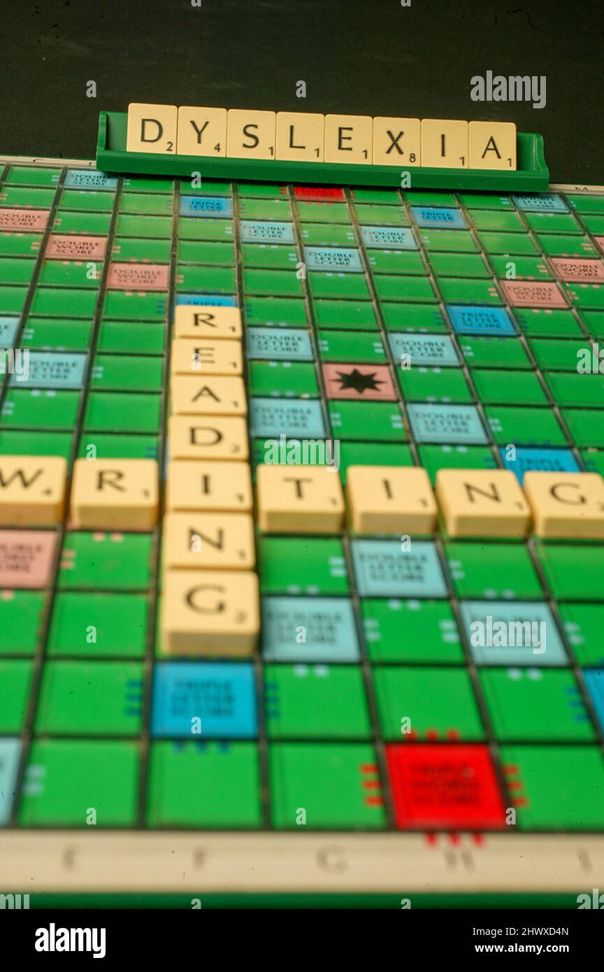 The words, 'dyslexia,' 'reading' and 'writing' are spelled out using