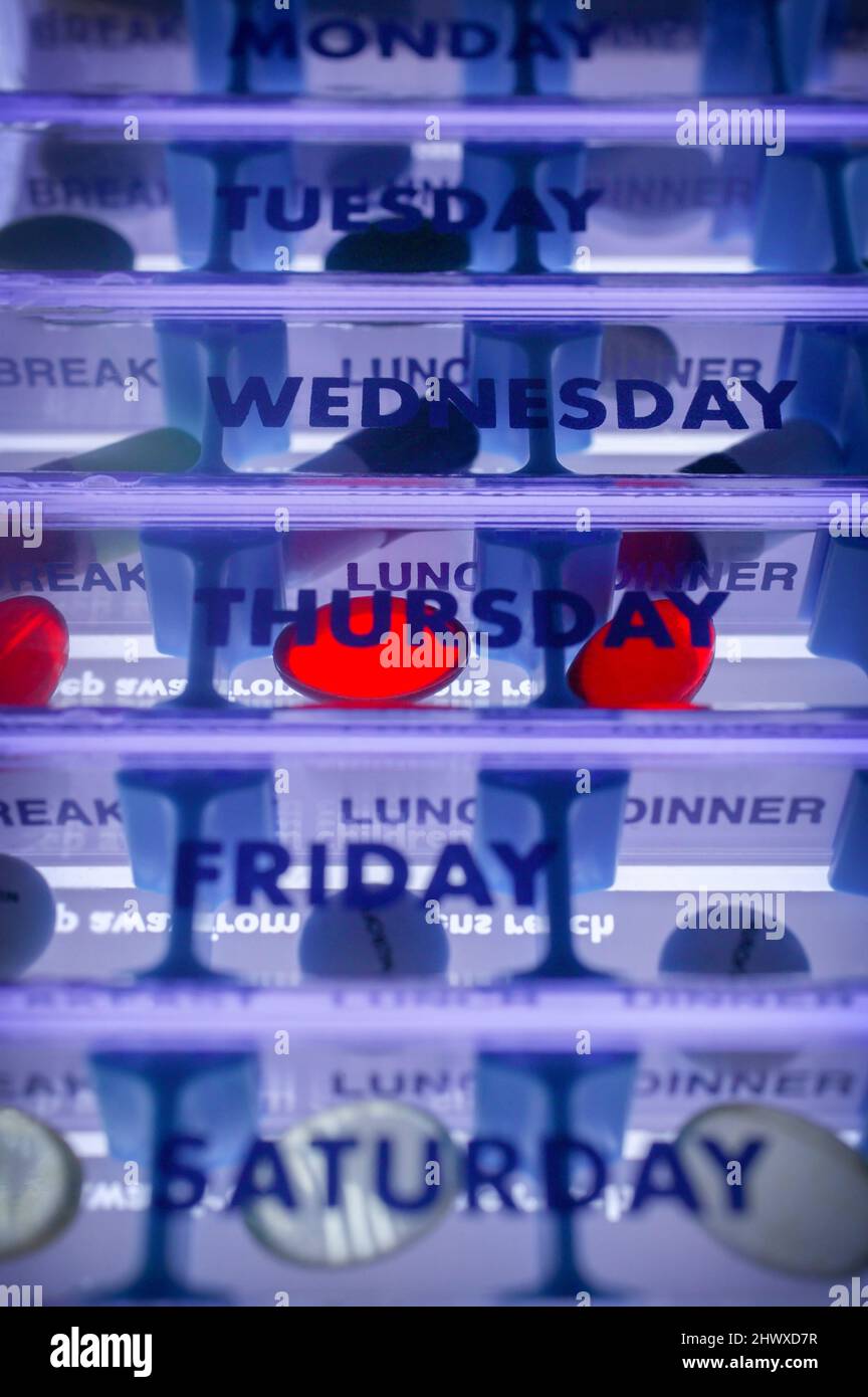 Daily doses pill box labeled with times of the day to remind the user