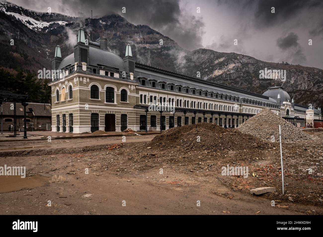 Canfranc Train station, built 1928 being transformed into a 5 * hotel in the  Pyrenees Spain Stock Photo