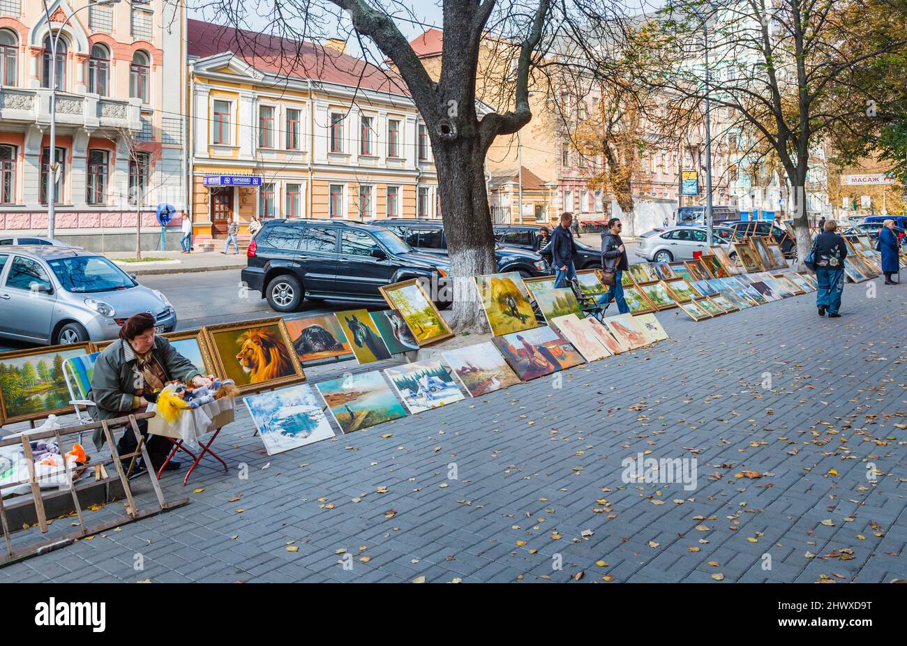 Paintings and pictures for sale to tourists as souvenirs on the street