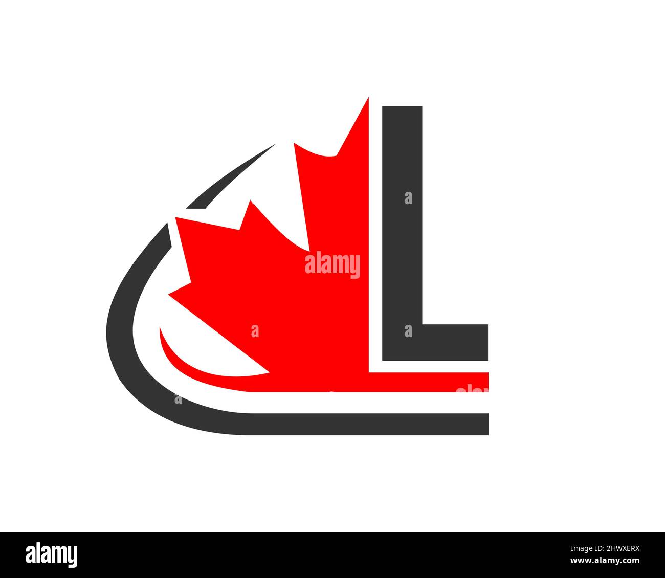 Canadian Red Maple leaf with L letter Concept. L letter Maple leaf logo design Stock Vector