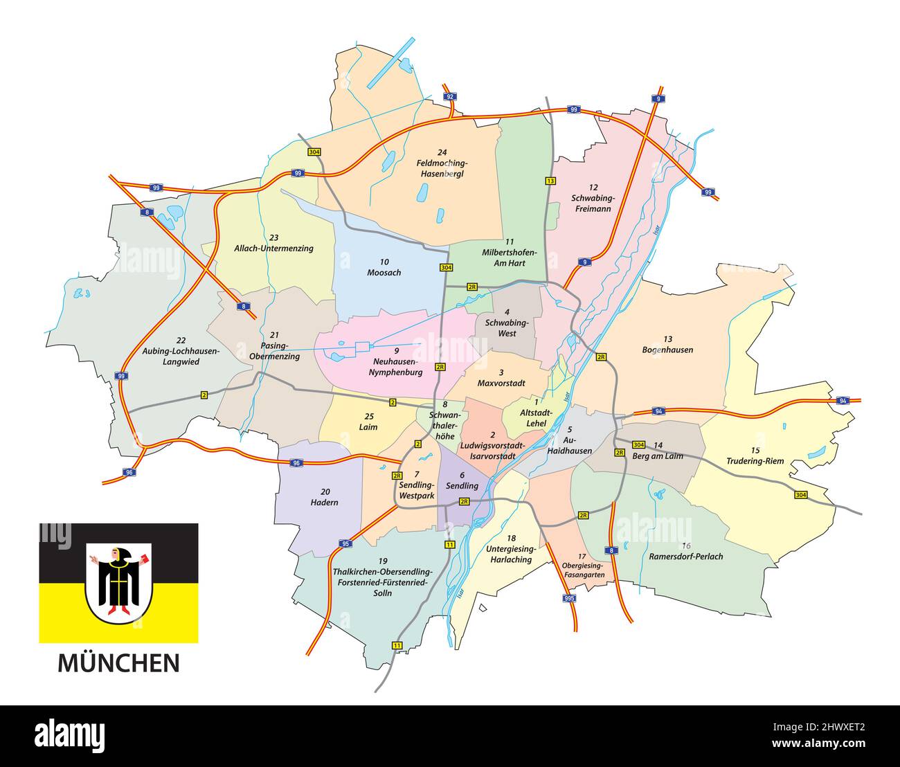road and administrative map of the bavarian capital munich Stock Vector