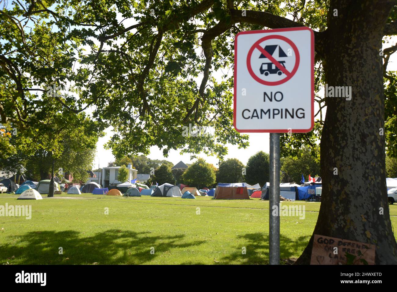 Christchurch, New Zealand, February 22, 2021: Signage at the Cranmer Square mandate protest in Christchurch. Activists pitched tents and occupied the square peacefully for several weeks. Stock Photo