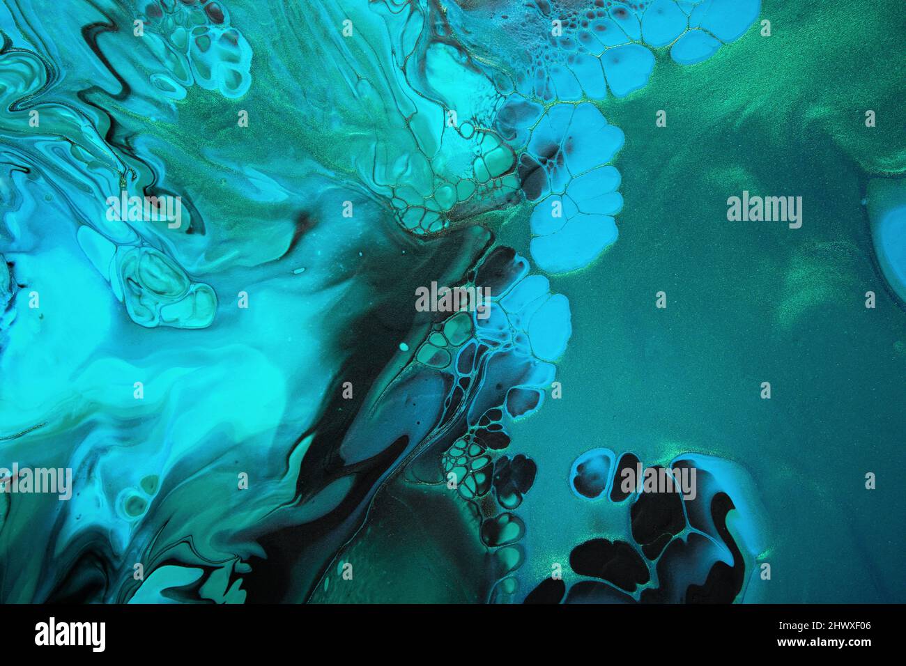 Fluid Art. Metallic Green and blue abstract wave swirls on black ...