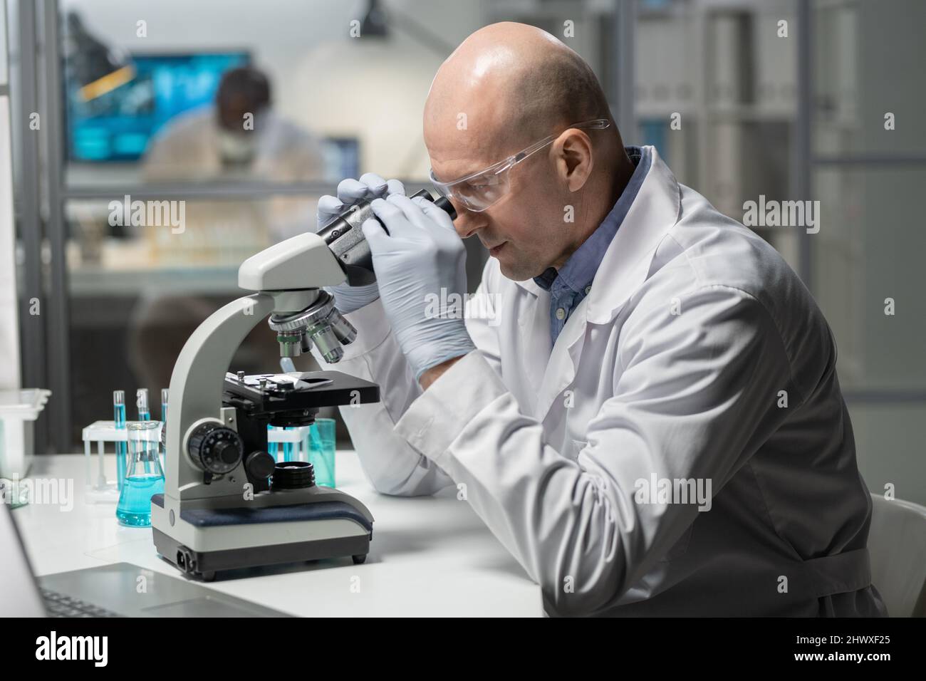 Experienced chemist in lab coat and surgical gloves studying new chemical element in microscope in scientific laboratory Stock Photo