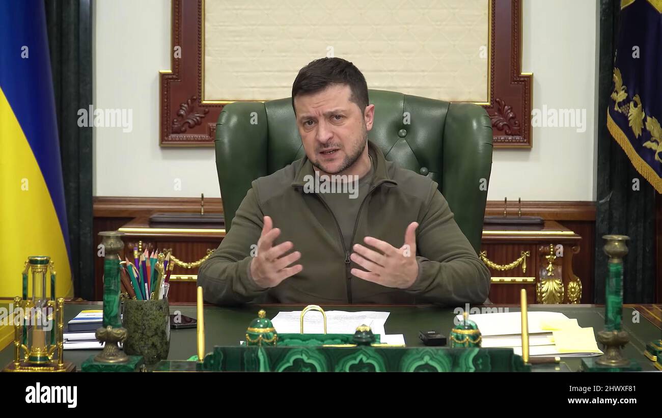 Pic shows: Defiant Ukrainian President Volodymyr Zelenskyy (Zelensky Zelenskiy) gives an address from his Kyiv office  today on Tuesday 8.3.22  with t Stock Photo