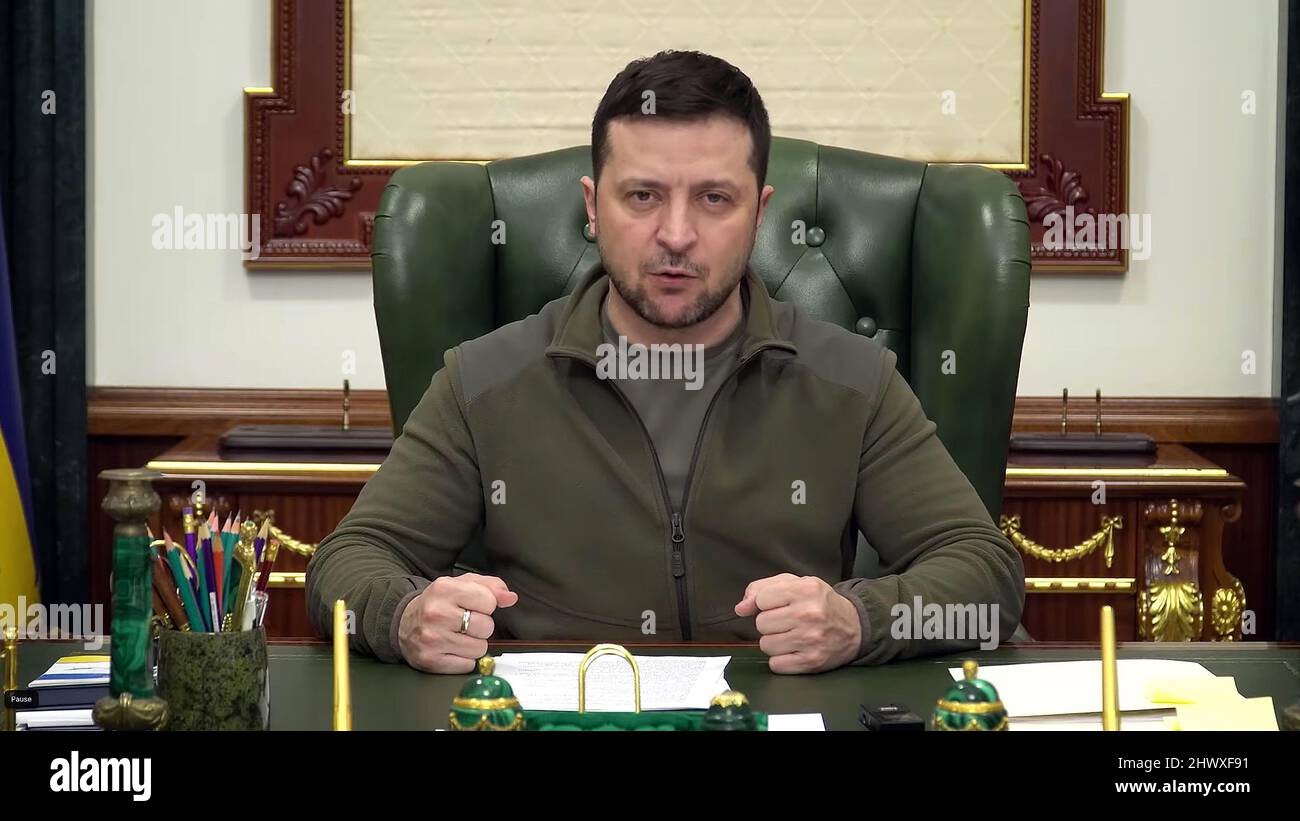 Pic shows: Defiant Ukrainian President Volodymyr Zelenskyy (Zelensky Zelenskiy) gives an address from his Kyiv office  today on Tuesday 8.3.22  with t Stock Photo