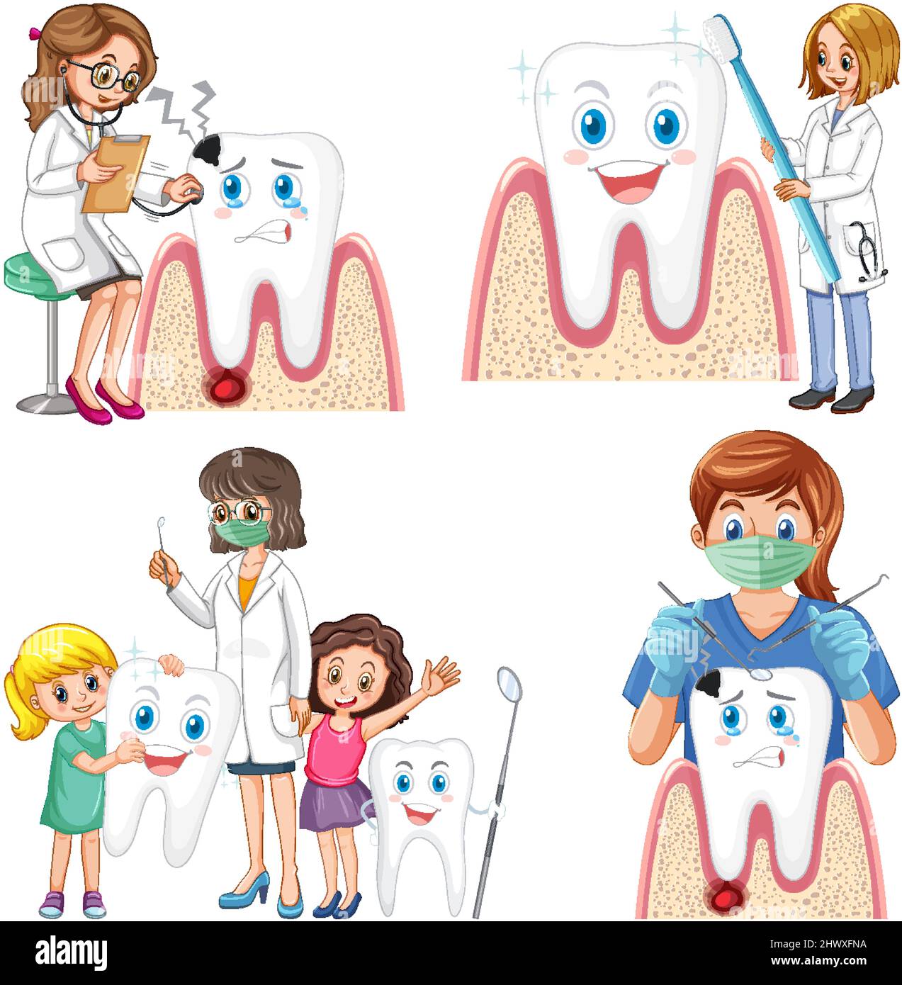 Set of dentist holding dental cleaning equipment on white background