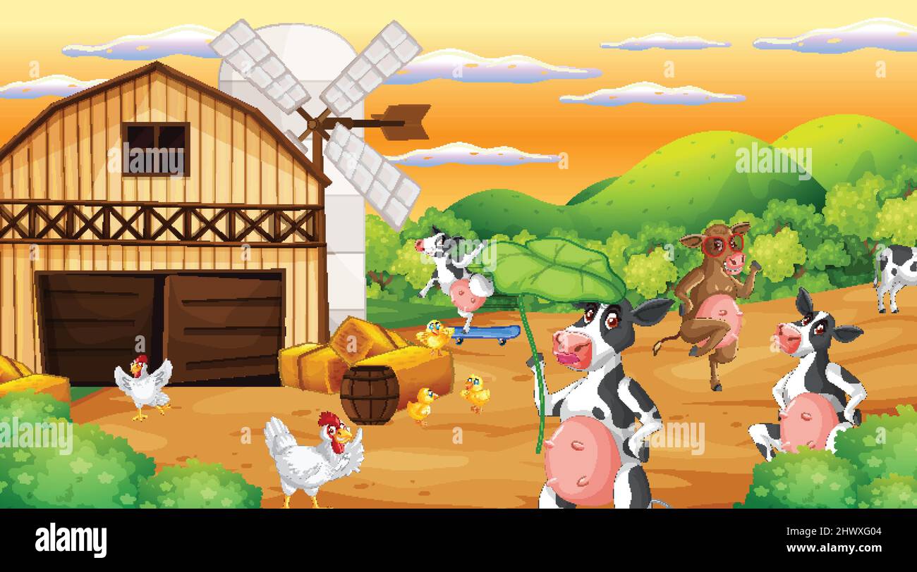 Scene with farm animal on the farm illustration Stock Vector Image ...
