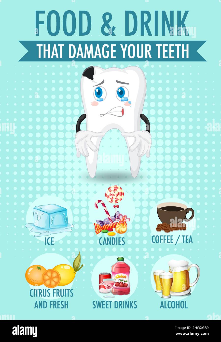 Infographic of food and drink that damage your teeth illustration Stock