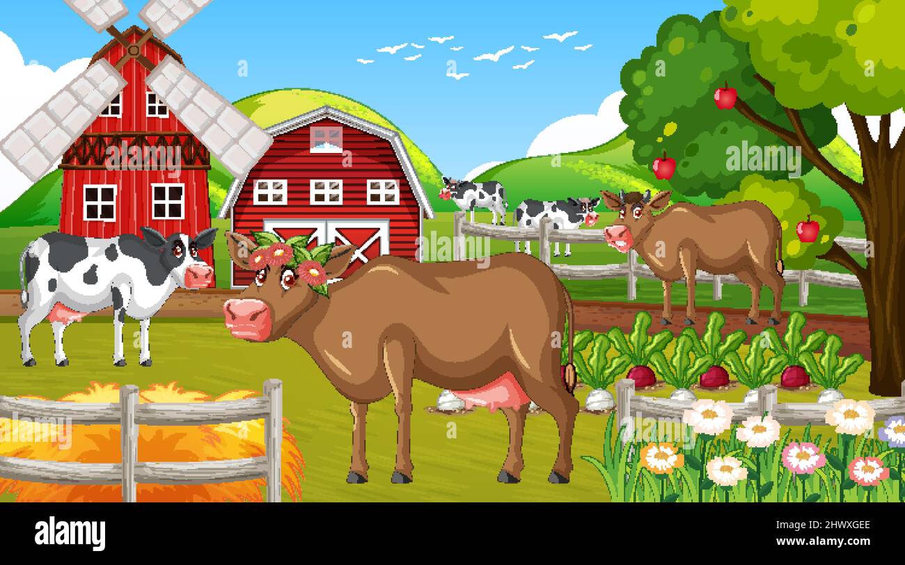 Scene with farm animal on the farm illustration Stock Vector Image ...