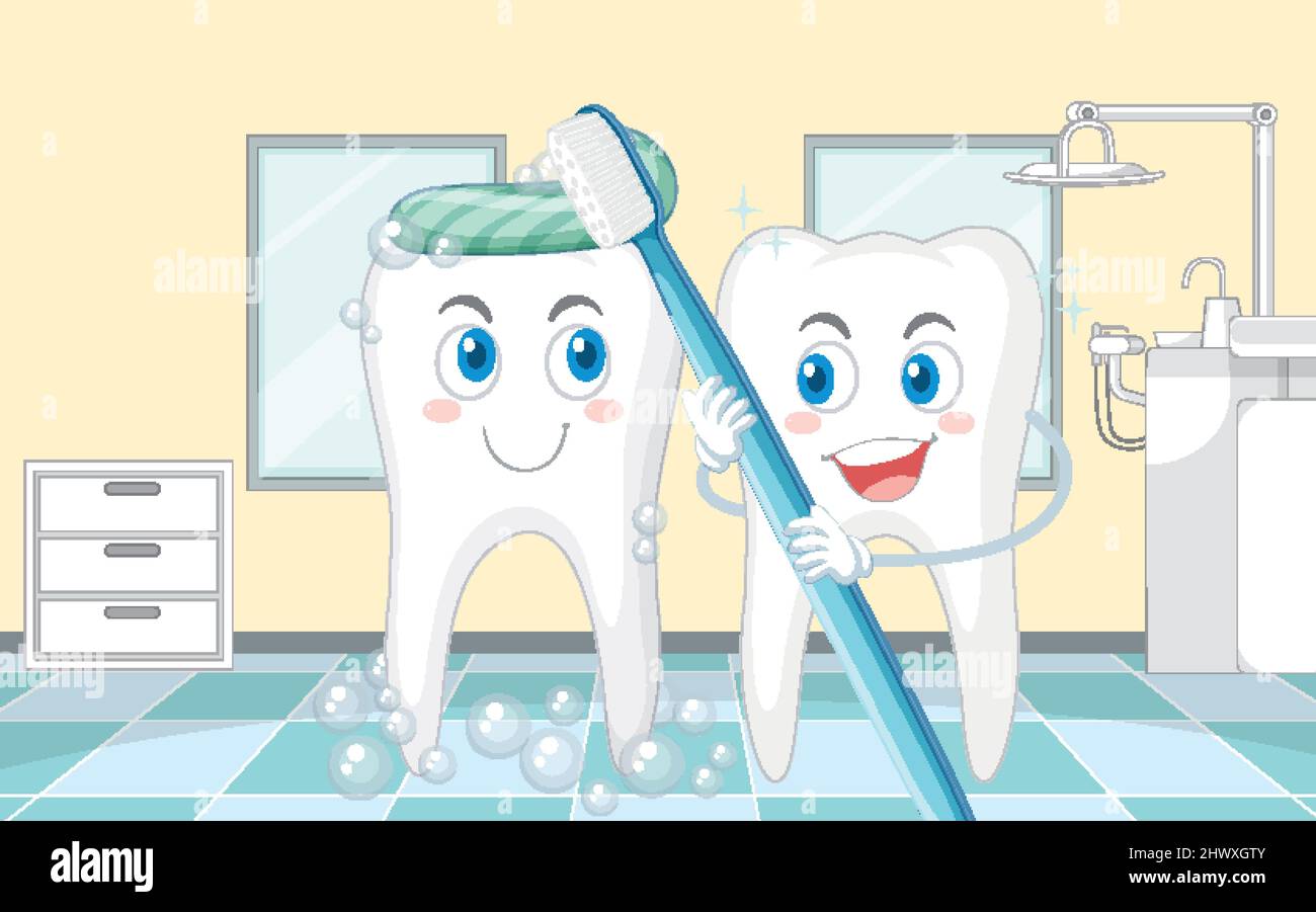 Happy tooth brushing itself with dental cleaning equipment in clinic illustration Stock Vector
