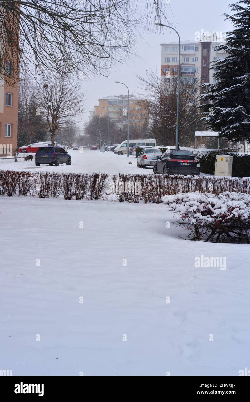 City under snow in winter Stock Photo