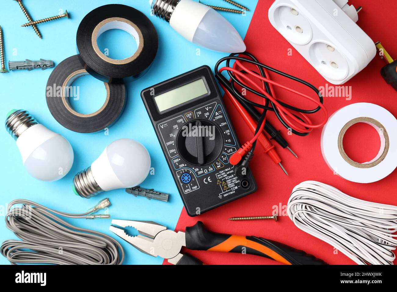 Concept of electrician or electrical tools, top view Stock Photo Alamy