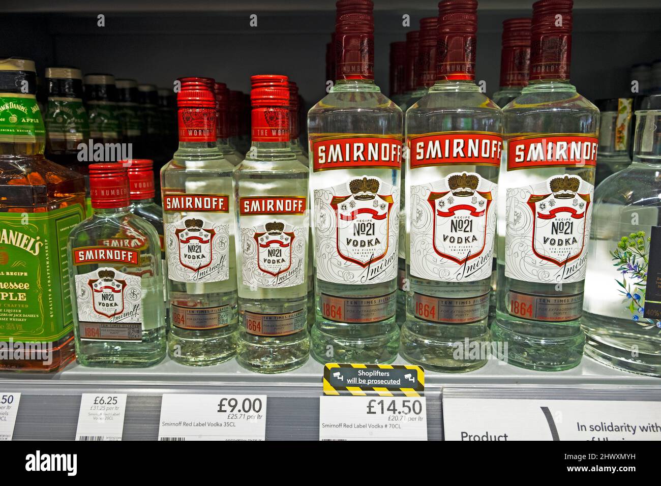 Bottles of Russian Vodka for sale on supermarket shelf shelves at Co Op supermarket 7 March 2022 Great Britain KATHY DEWITT Stock Photo