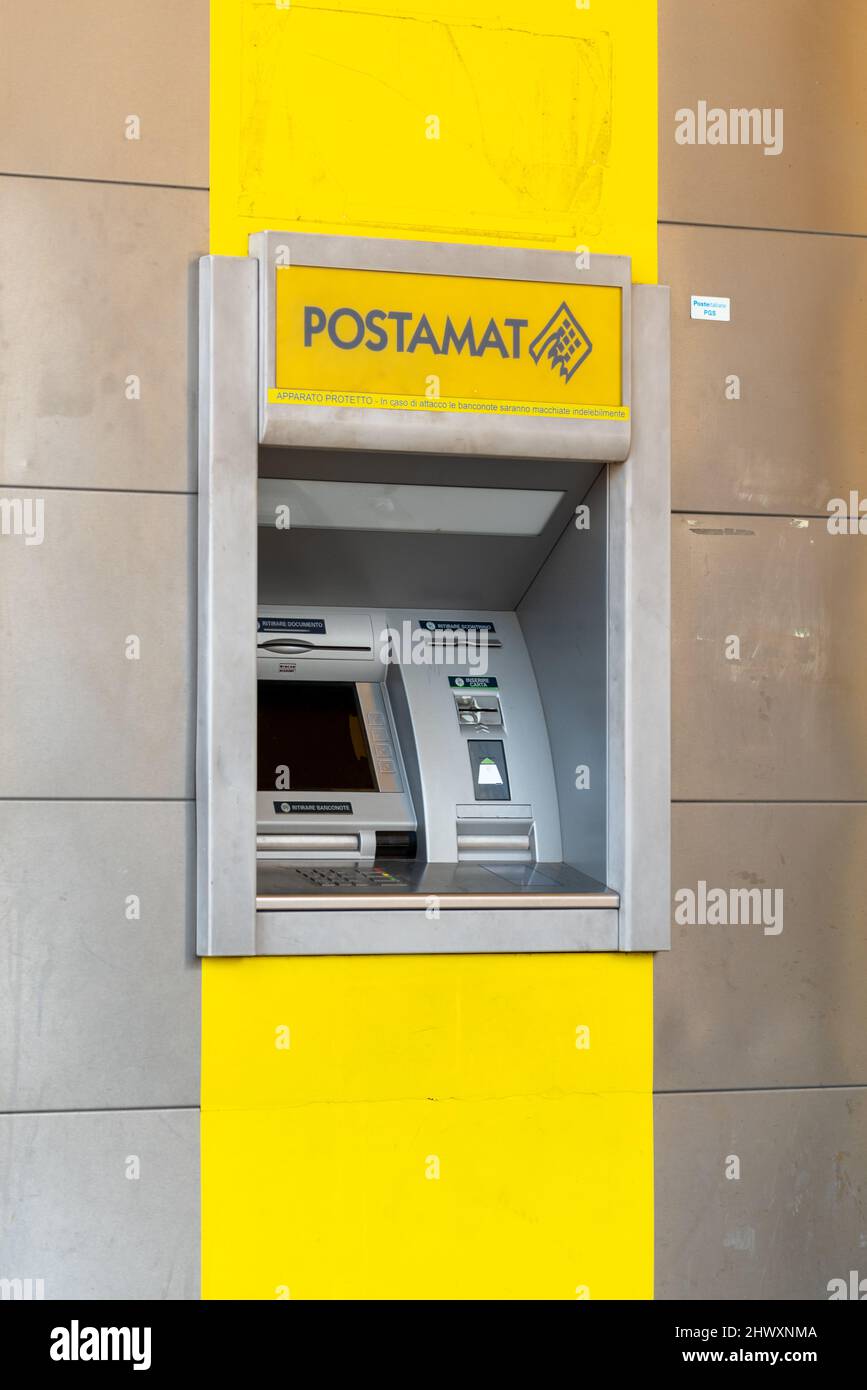 Fossano, Cuneo, Italy - March 07, 2022: Postamat ATM (cash machine). Postamat is the Italian collection and payment circuit managed by the Italian Pos Stock Photo