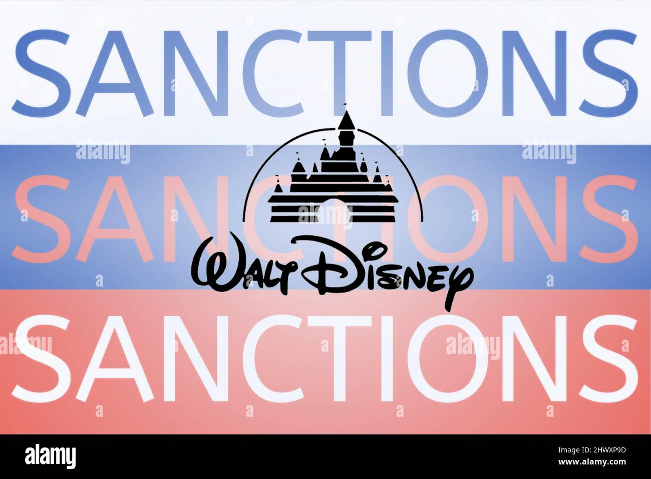 Walt Disney logo in front of the Russian flag. Sanctions against Russia over its invasion of Ukraine. March 2022, San Francisco, USA Stock Photo
