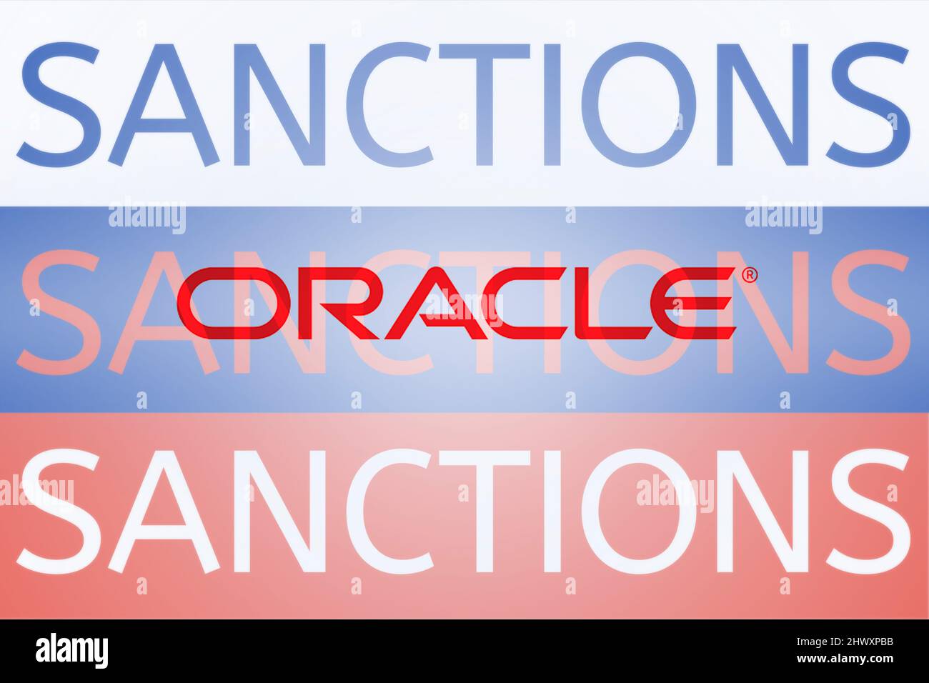 Oracle logo in front of the Russian flag. Sanctions against Russia over its invasion of Ukraine. March 2022, San Francisco, USA Stock Photo