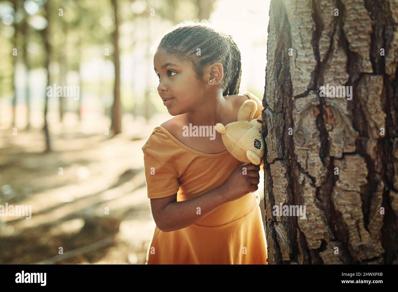If we go out to the woods today.... Shot of a little girl playing in ...