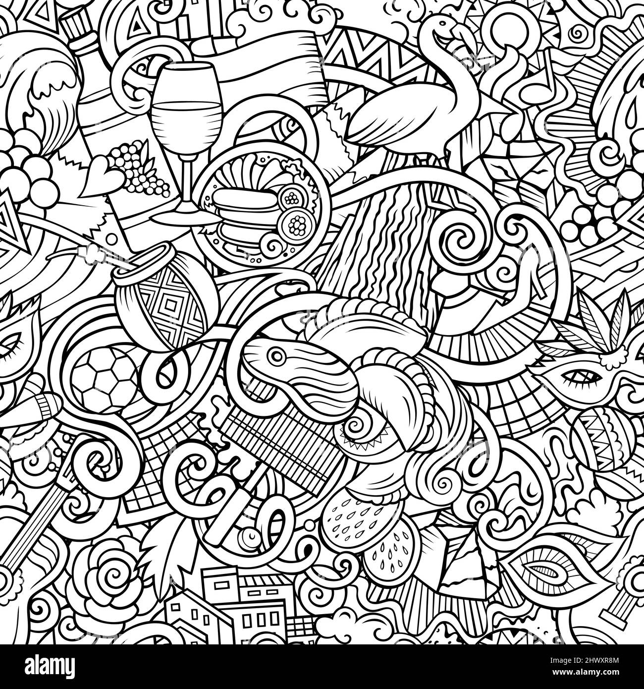 Cartoon doodles Argentina seamless pattern. Backdrop with Argentinian culture symbols and items. Sketchy background for print on fabric, textile, gree Stock Vector