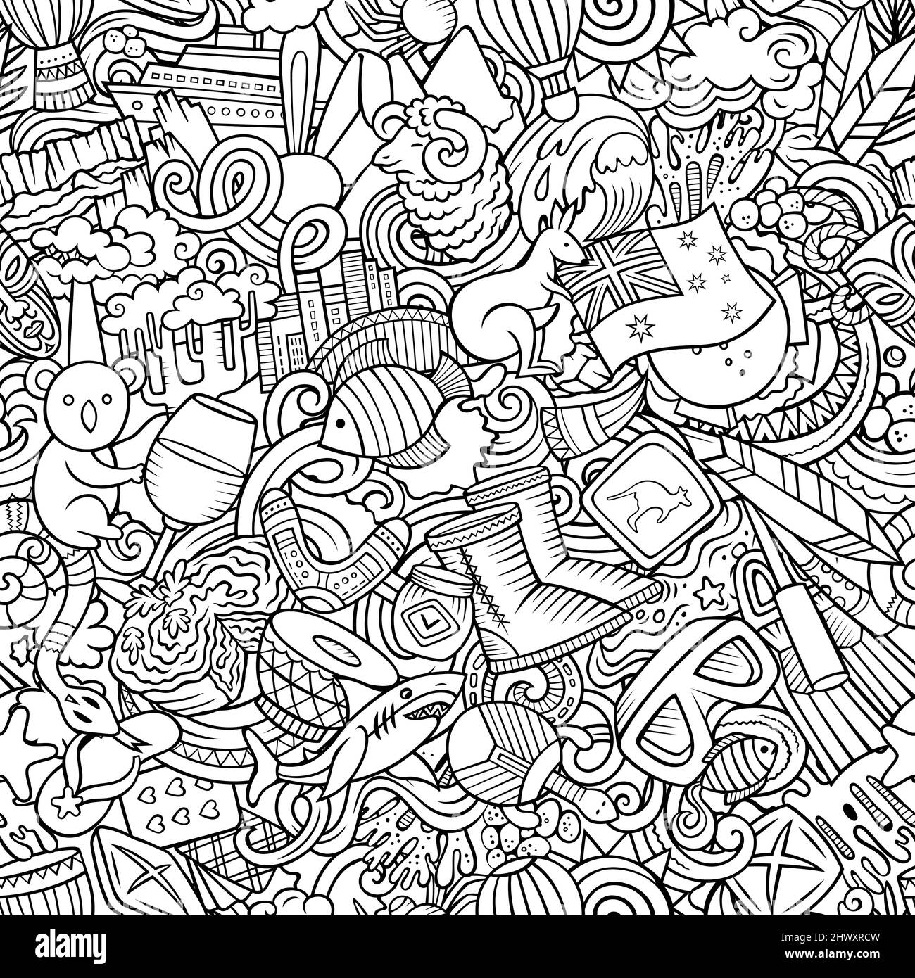 Cartoon doodles Australia seamless pattern. Backdrop with Australian culture symbols and items. Sketchy background for print on fabric, textile, greet Stock Vector