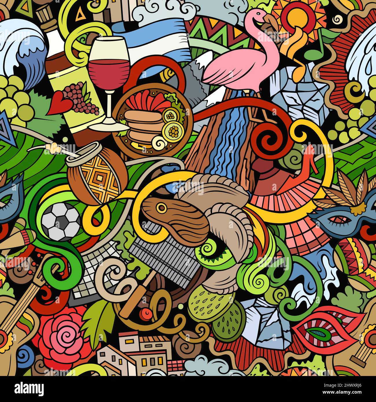 Cartoon doodles Argentina seamless pattern. Backdrop with Argentinian culture symbols and items. Colorful background for print on fabric, textile, gre Stock Vector