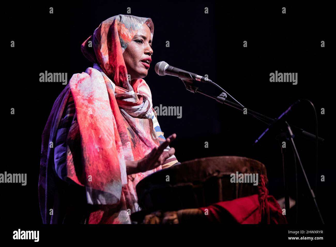 Barcelona, Spain. 2022.03.04. Aziza Brahim perform on stage at Tradicionarius during the XXXV Festival Folk Internacional and Barnasants on March 04, 2022 in Barcelona, Spain. Stock Photo