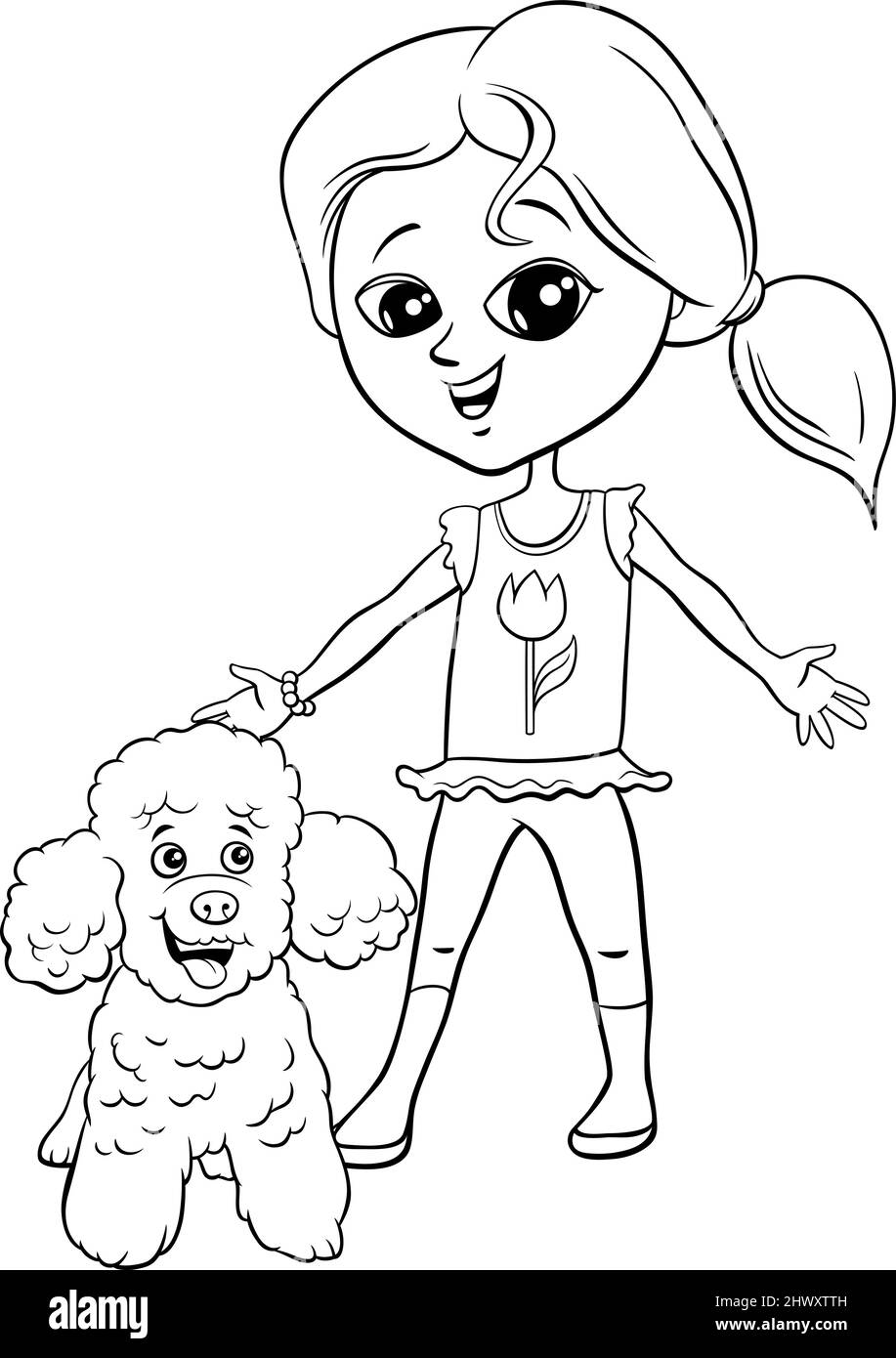 Black and white cartoon illustration of cute girl with poodle dog character coloring book page Stock Vector