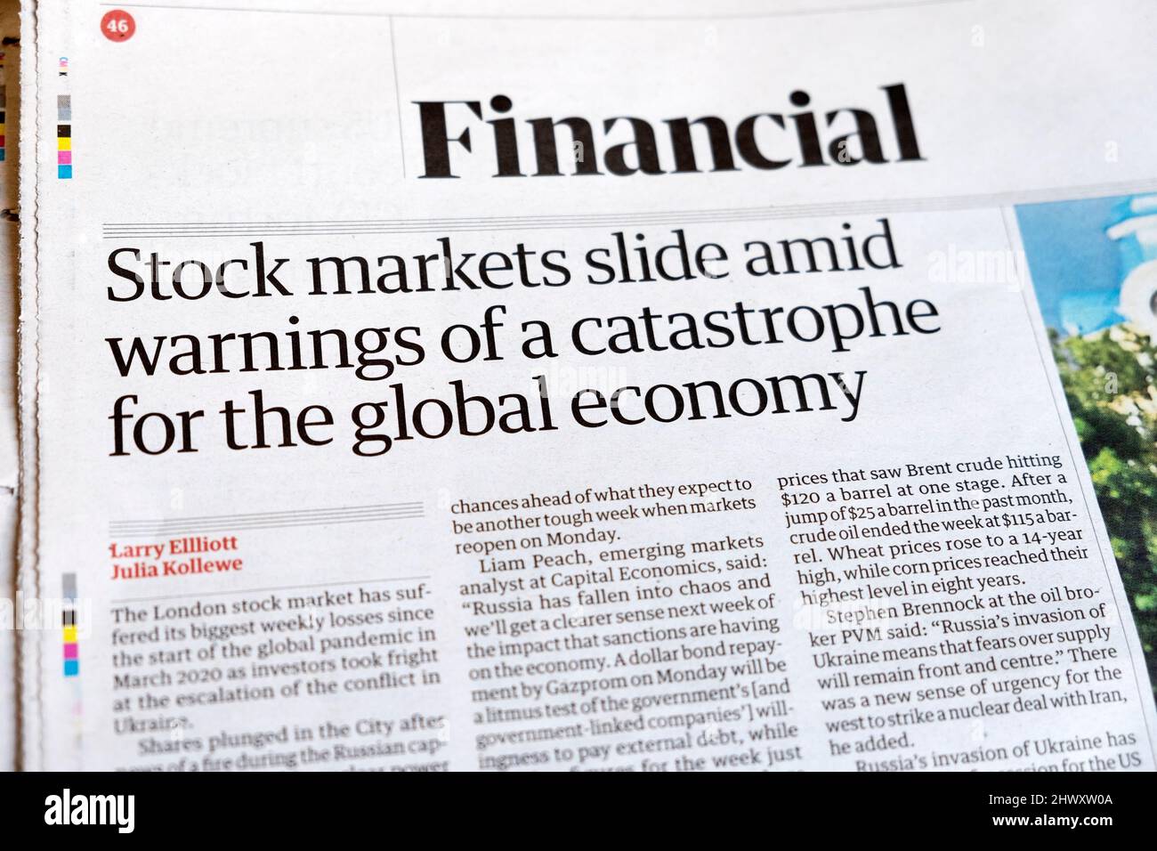 'Stock markets slide amid warnings of a catastrophe for the global economy' Financial Guardian newspaper headline clipping page 5 March 2022 London UK Stock Photo