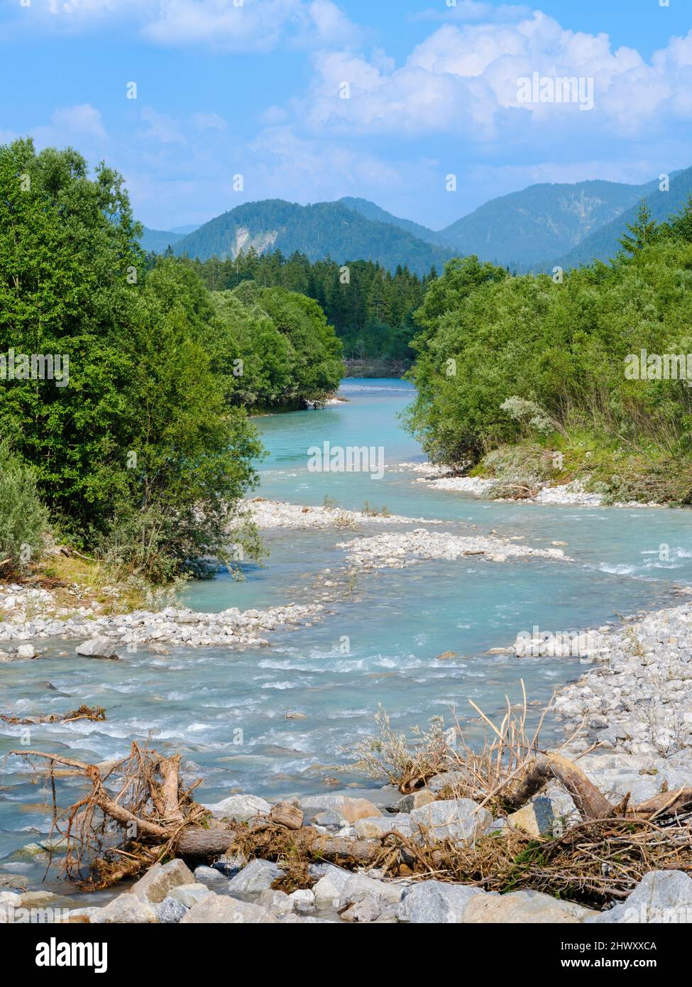 River Isar near Sylvenstein reservoir close to village Fall in the Karwendel Mountains. Europe, Germany, Bavaria Stock Photo