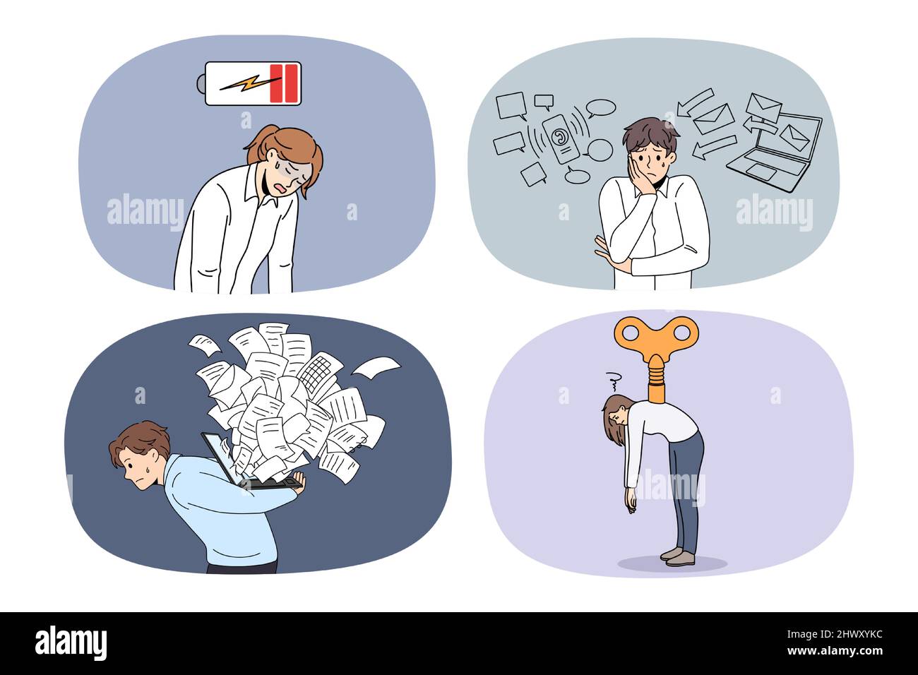 Set of tired businesspeople struggle with fatigue overwhelmed with job. Collection of exhausted employees or workers suffer from work stress or burnout. Overwork concept. Vector illustration.  Stock Vector