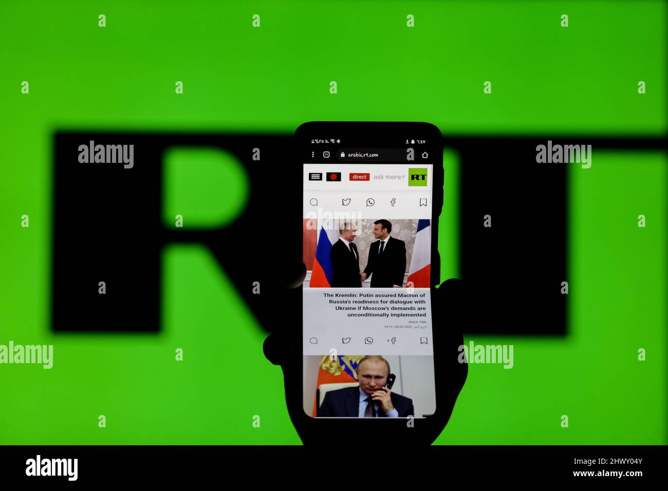 Gaziantep, Turkey. 6th Mar, 2022. Gaziantep, Turkey. 07 March 2022. The  logo of RT from the screen of a smartphone. RT, also known as Russia Today,  is a Russian state-controlled international television