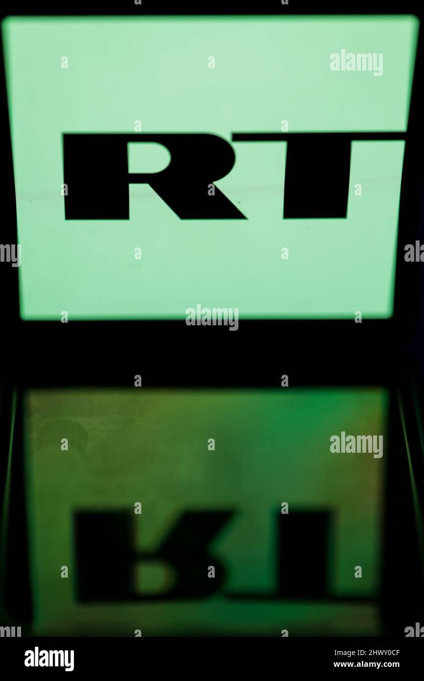 Gaziantep, Turkey. 6th Mar, 2022. Gaziantep, Turkey. 07 March 2022. The logo of RT from the screen of a smartphone. RT, also known as Russia Today, is a Russian state-controlled international television news channel. Recent EU sanctions on Russia in response to Russia's military attack on Ukraine have targeted RT suspending the broadcasting activities of the TV network across the continent and disrupting UK access to the TV network. YouTube has also blocked RT from screaming across Europe and the UK from its social media platform (Credit Image: © Muhammed Ibrahim Ali/IMAGESLIVE via ZUMA Pre Stock Photo