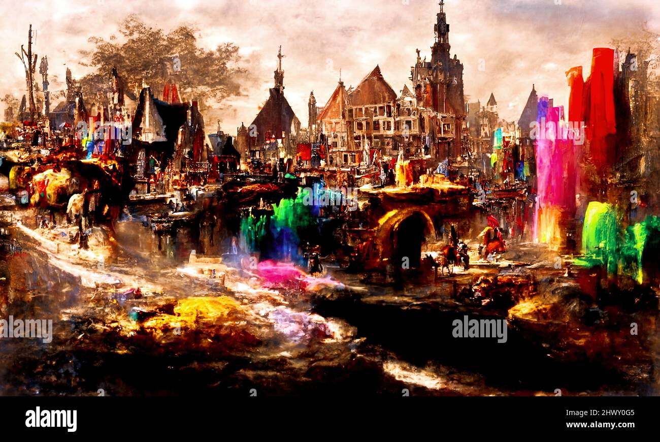A medieval city of a fantasy world is enveloped in a festival of colors, which totally changes the landscape and the mood of its inhabitants Stock Photo