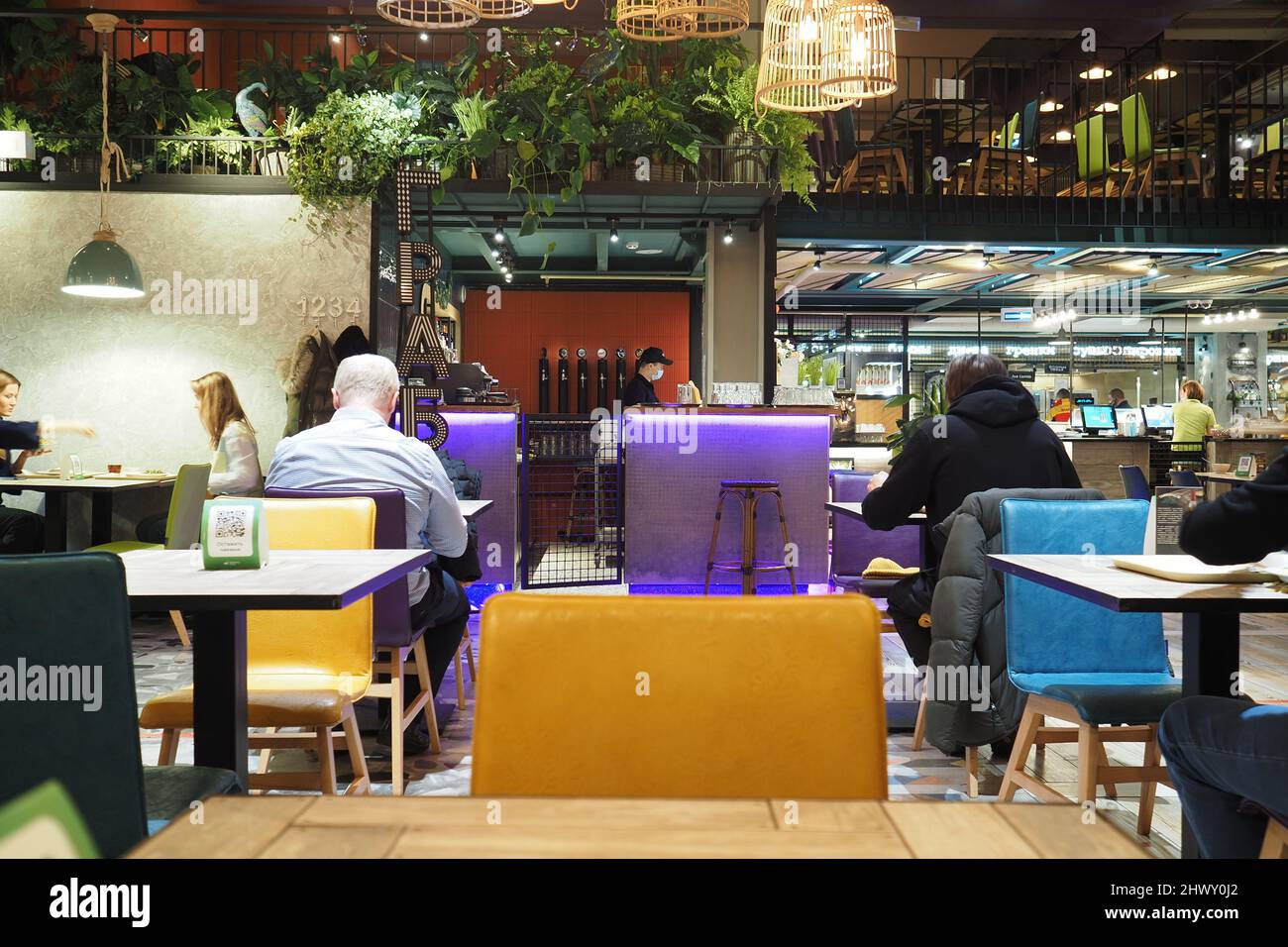 Moscow, Russia, st. Arbat 1, restaurant food bar Grabli. 02.16.022. Business lunch in a food bar, cafe, restaurant Stock Photo