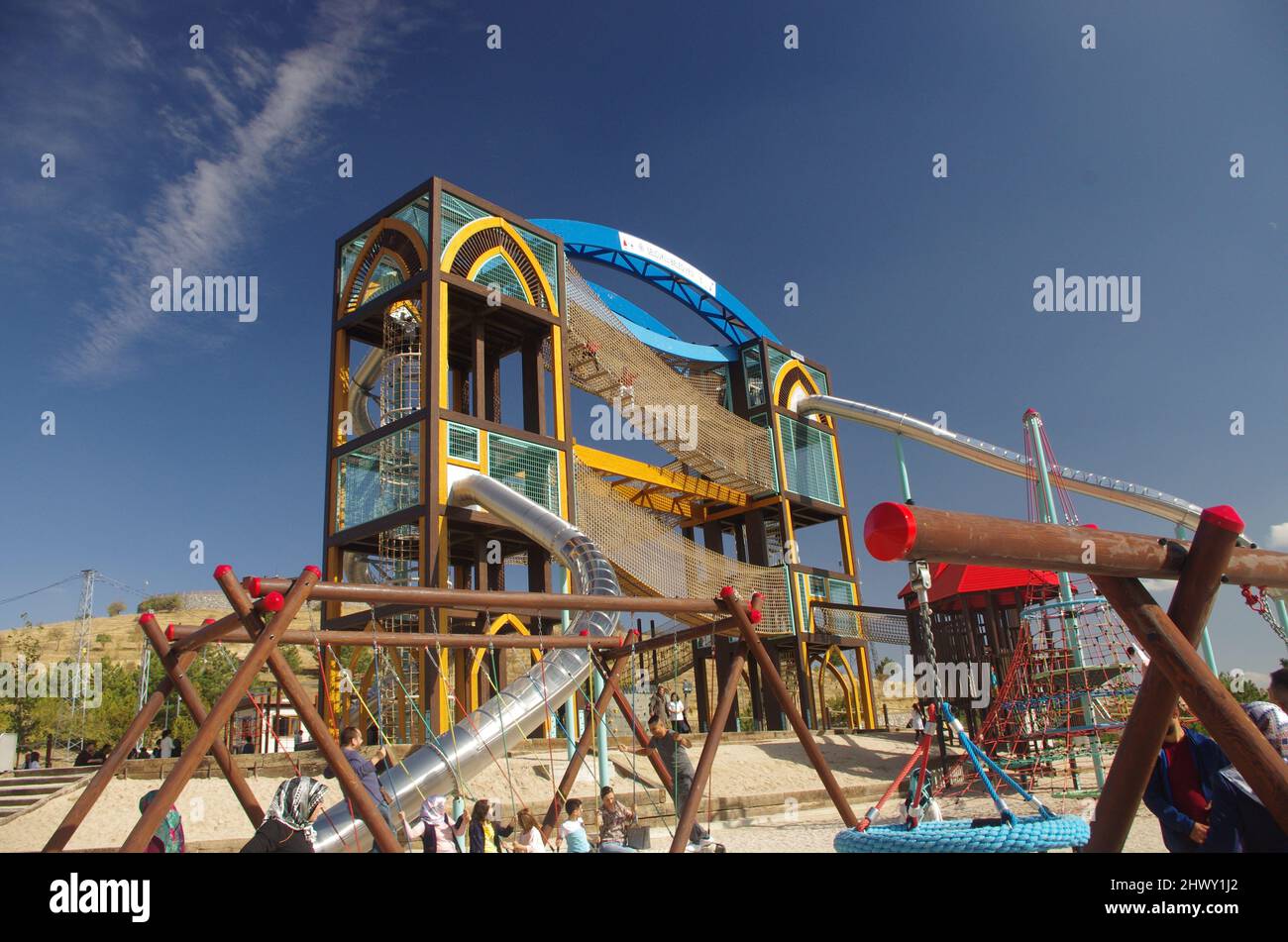 Sille Park is the one of most attractive place in Konya City. Huge playground for children. Colourful playground with slides and swings. Stock Photo