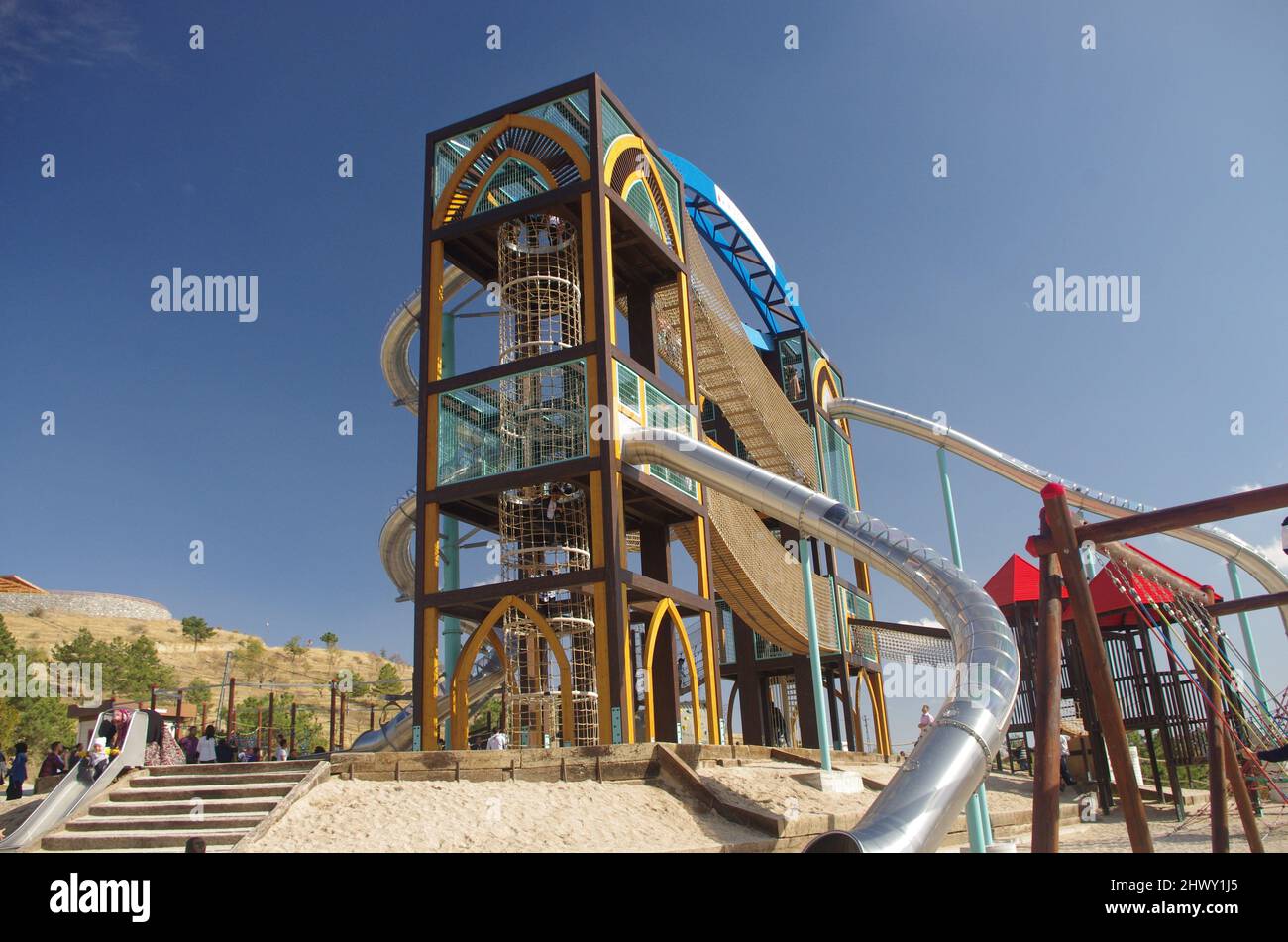 Sille Park is the one of most attractive place in Konya City. Huge playground for children. Colourful playground with slides and swings. Stock Photo