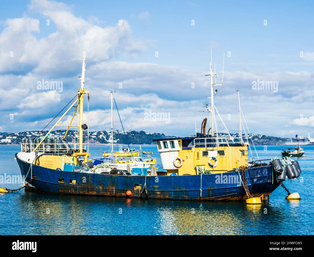 A fishing trawler moored at Brixham in Devon. Stock Photo