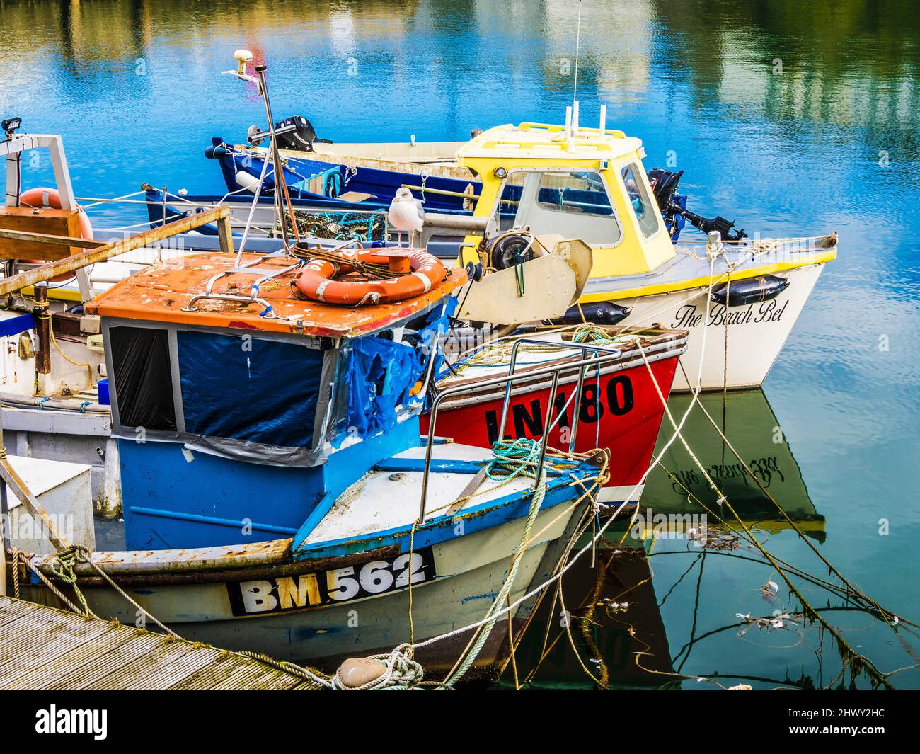 A fishing trawler moored at Brixham in Devon. Stock Photo