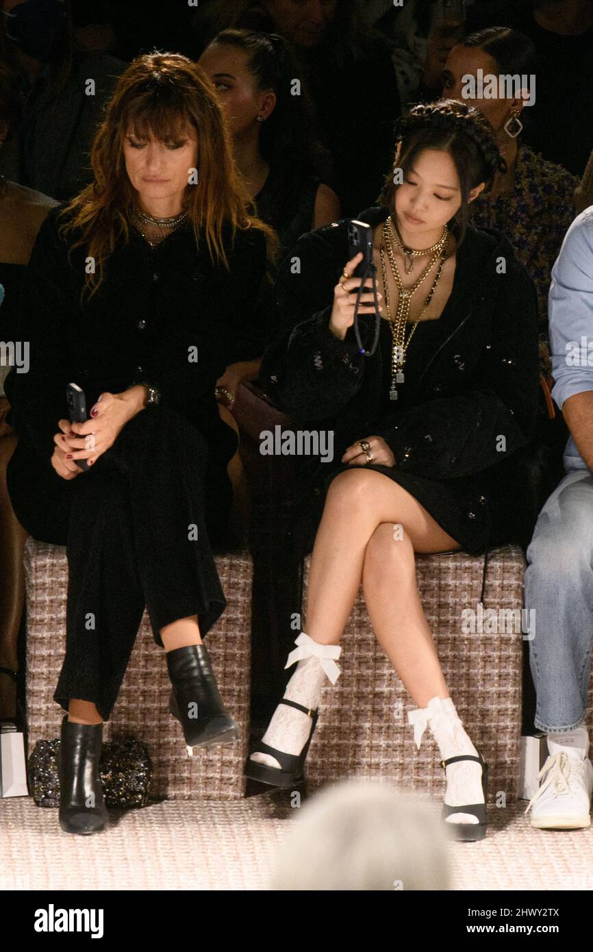 March 08, 2022 in Paris, France. Caroline de Maigret and Kim Jennie attend  the Chanel Womenswear Fall/Winter 2022/2023 show as part of Paris Fashion  Week on March 08, 2022 in Paris, France.