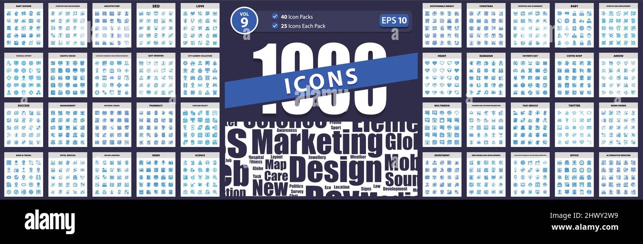 1000 Blue Icon Pack symbols & arrows, travel, nature and farming, modern education and knowledge power, web security Stock Vector